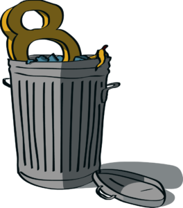 An illustration of a trash can overflowing with garbage, including a banana peel, with the number '8' prominently displayed on the front, symbolizing the eight types of waste in Lean methodology.