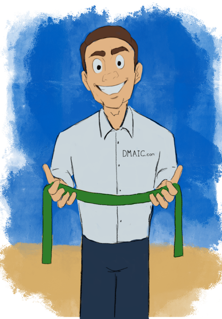 Illustration of a smiling man holding a green belt with 'DMAIC.com' written on it. He is wearing a light-colored shirt with the DMAIC.com logo on the chest and dark trousers. The background is an abstract blend of blue at the top and beige at the bottom, suggesting a sky and ground. The style is casual and appears hand-drawn, with a friendly and educational tone.